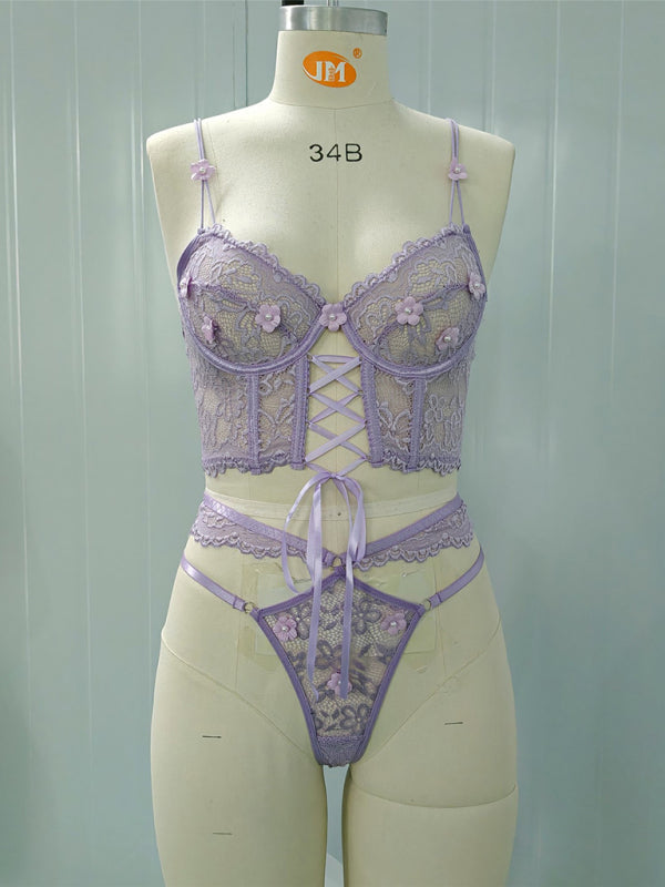 Lace bra with sexy beading 3D flowers perspective underwear set - Purple / S