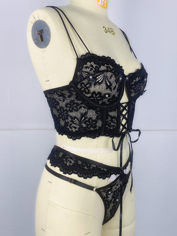 Lace bra with sexy beading 3D flowers perspective underwear set