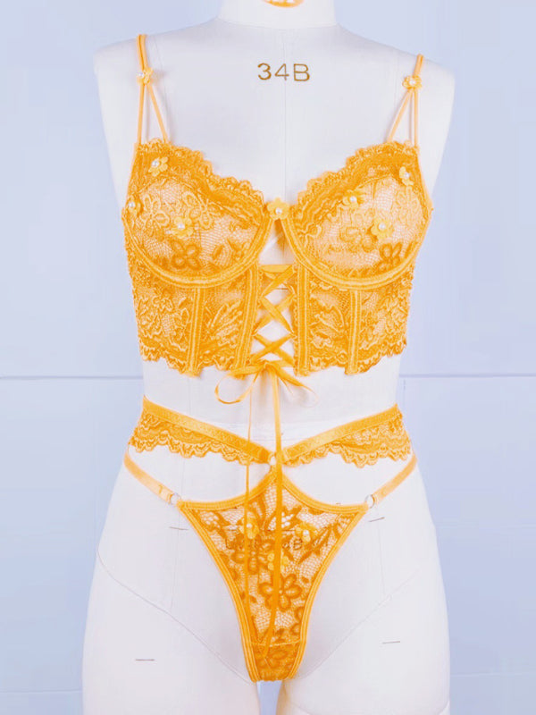 Lace bra with sexy beading 3D flowers perspective underwear set - Golden yellow / S
