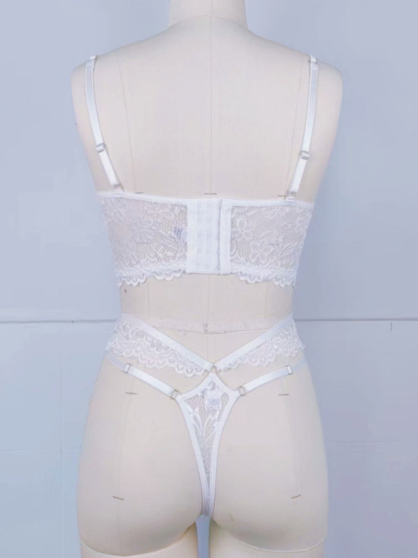 Lace bra with sexy beading 3D flowers perspective underwear set