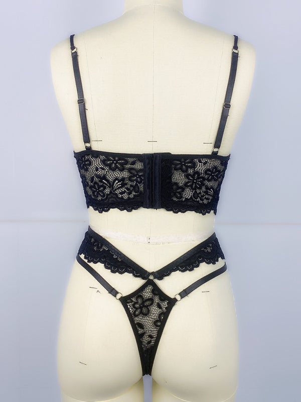 Lace bra with sexy beading 3D flowers perspective underwear set