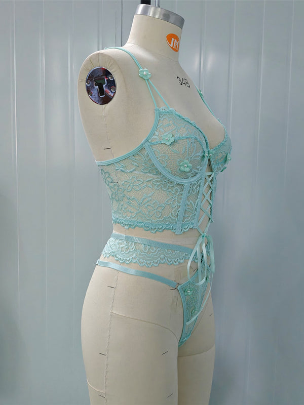 Lace bra with sexy beading 3D flowers perspective underwear set