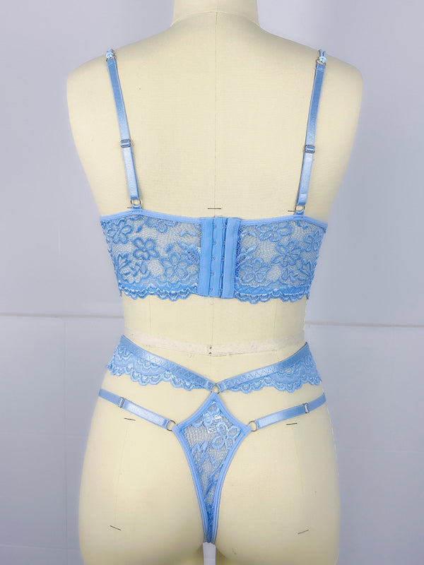 Lace bra with sexy beading 3D flowers perspective underwear set