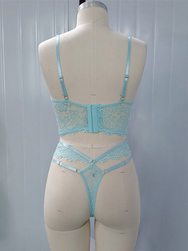 Lace bra with sexy beading 3D flowers perspective underwear set