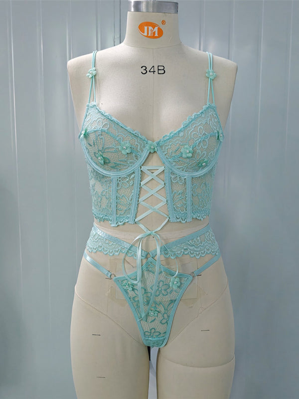 Lace bra with sexy beading 3D flowers perspective underwear set - Mint Green / S