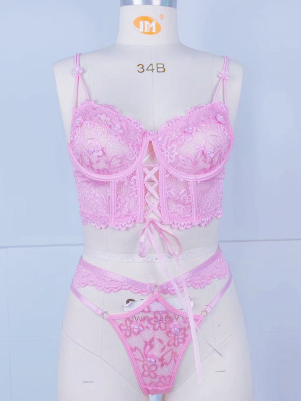 Lace bra with sexy beading 3D flowers perspective underwear set - Pink / S