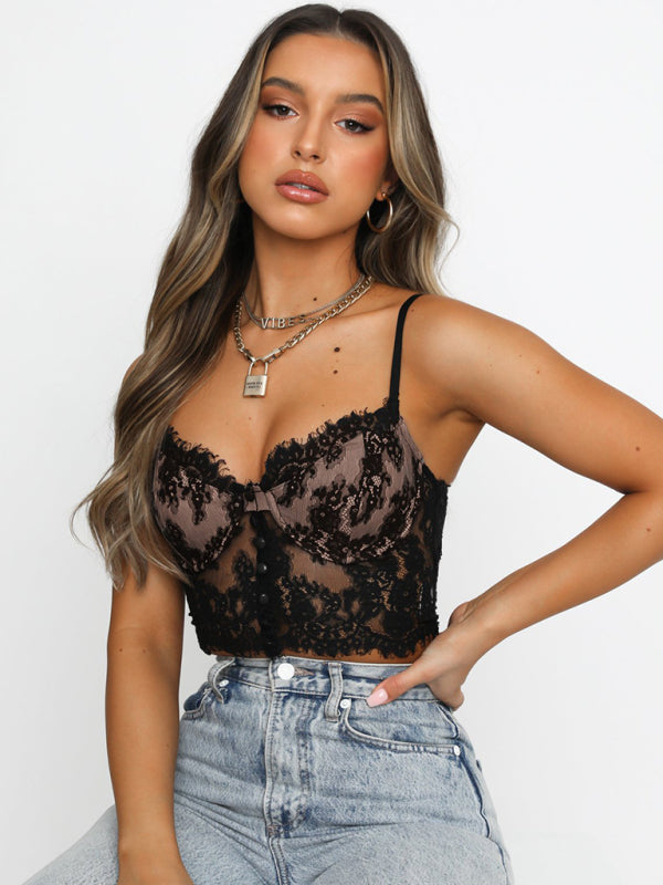 Lace camisole underwear cute sexy vest - Black / S