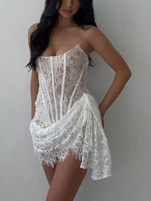 LACE CORSET DRESS WITH IRREGULAR HEM DESIGN