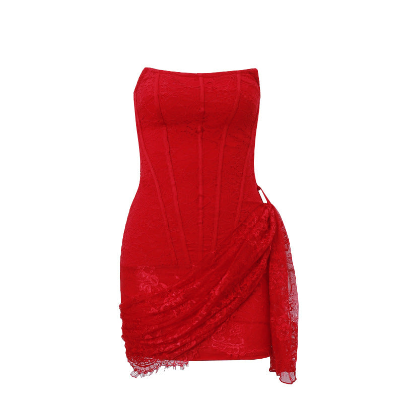 LACE CORSET DRESS WITH IRREGULAR HEM DESIGN