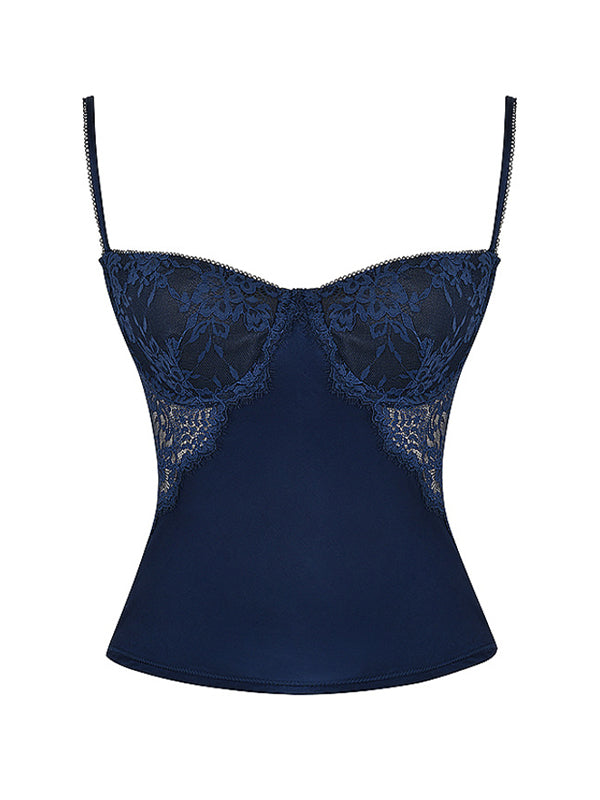 LACE CORSET NAVY BLUE LACE-TRIMMED CAMISOLE WITH SHEER LACE DETAILS