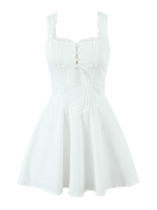 Lace Floral V-Neck Suspender Dress - White / S