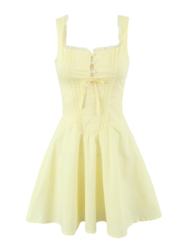 Lace Floral V-Neck Suspender Dress - Yellow / S