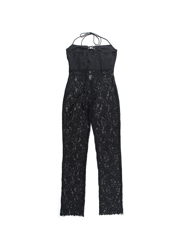 LACE HALTER JUMPSUIT WITH CORSET EYELET DETAIL