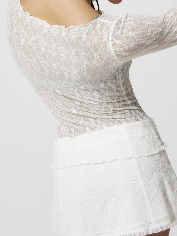 LACE LONG SLEEVE TOP AND WHITE SKIRT SET WITH SLIM FIT Y2K STYLE
