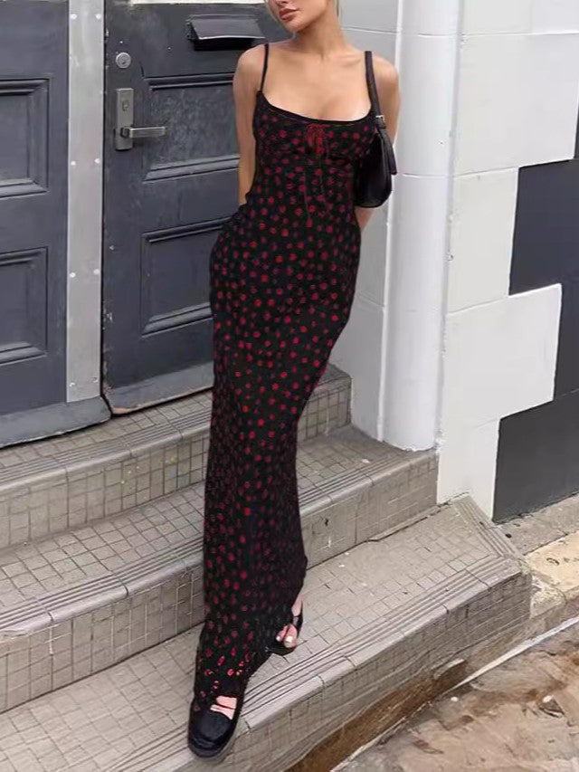 LACE PATCHWORK DRESS WITH RED POLKA DOTS