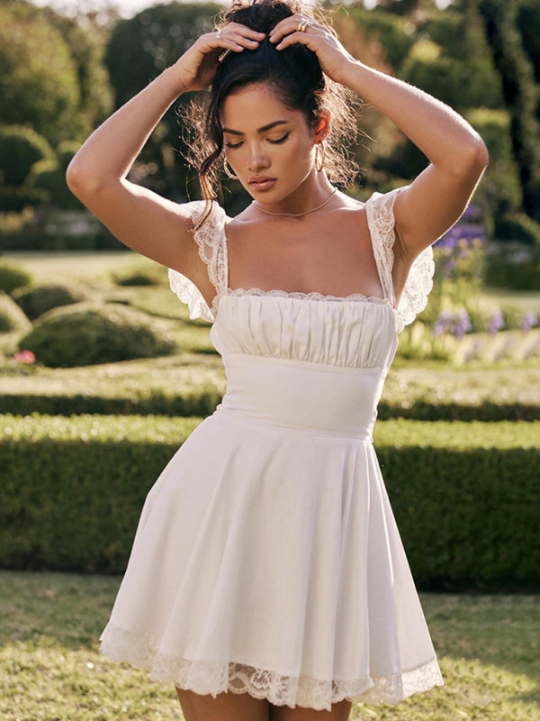 Lace Square Neck Slip Dress Slim Backless White French Dress - White / XS