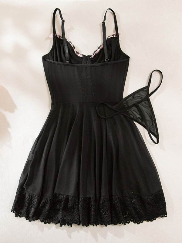 Lace stitching bow ribbon dress nightgown two-piece set