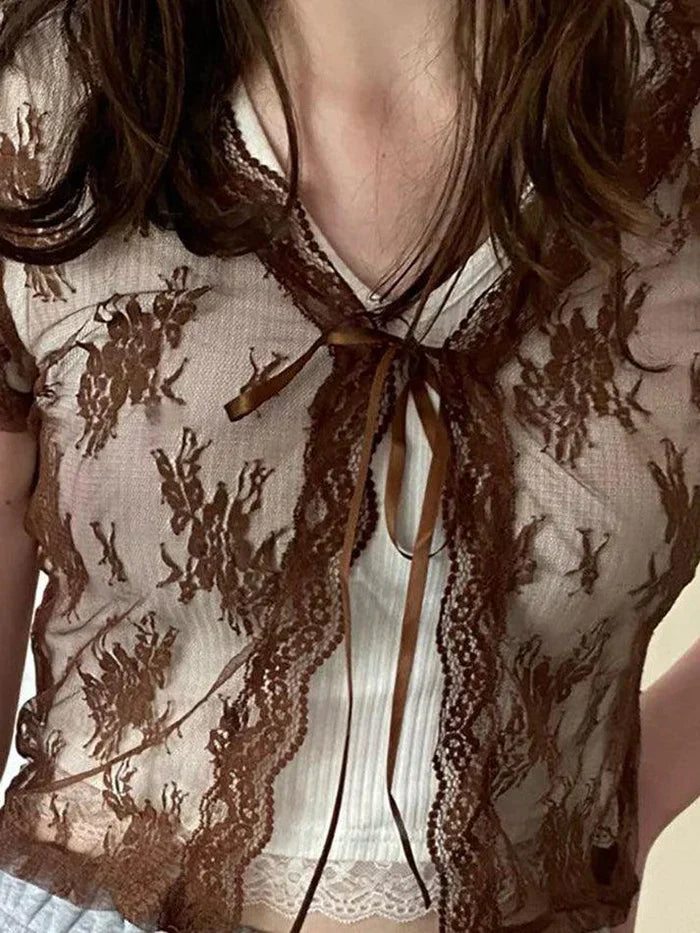LACE TIE-FRONT TOP WITH LONG SLEEVES FOR Y2K OPEN STYLE