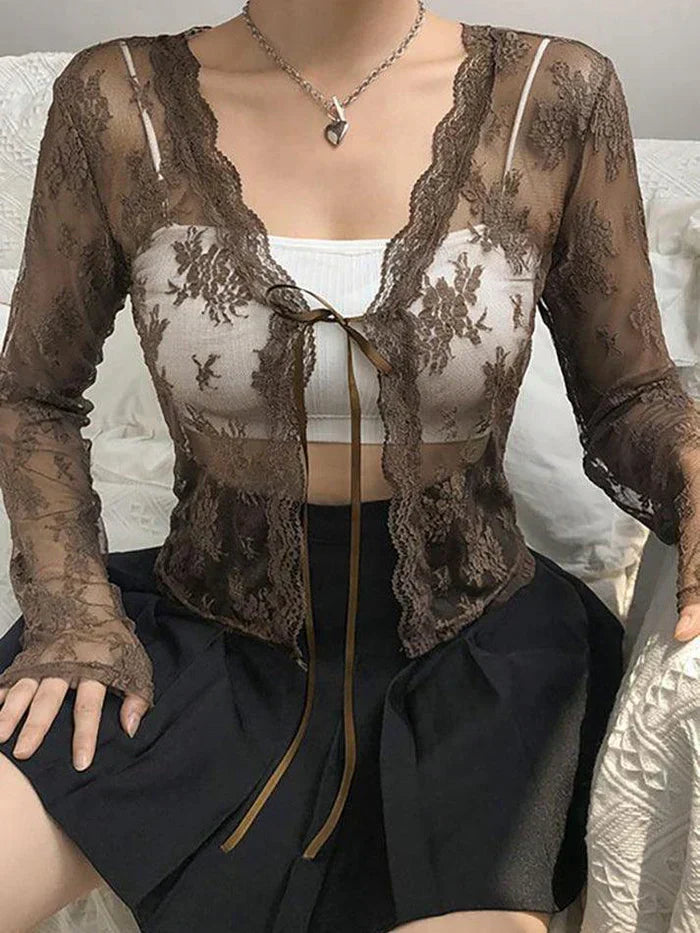 LACE TIE-FRONT TOP WITH LONG SLEEVES FOR Y2K OPEN STYLE