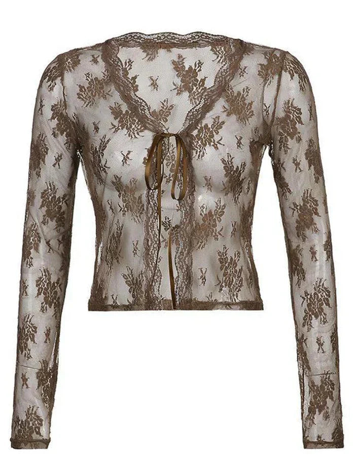 LACE TIE-FRONT TOP WITH LONG SLEEVES FOR Y2K OPEN STYLE