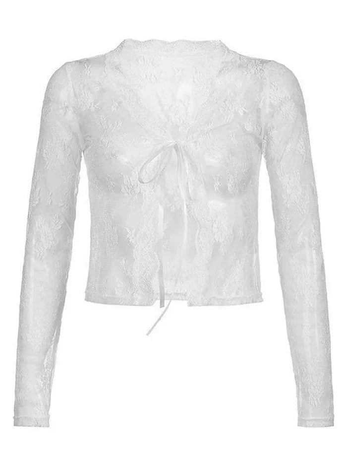 LACE TIE-FRONT TOP WITH LONG SLEEVES FOR Y2K OPEN STYLE