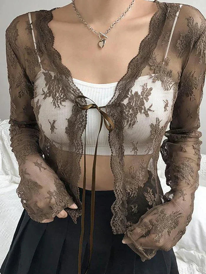 LACE TIE-FRONT TOP WITH LONG SLEEVES FOR Y2K OPEN STYLE