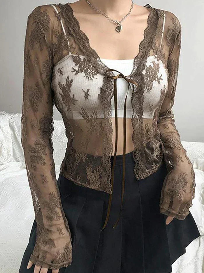 LACE TIE-FRONT TOP WITH LONG SLEEVES FOR Y2K OPEN STYLE