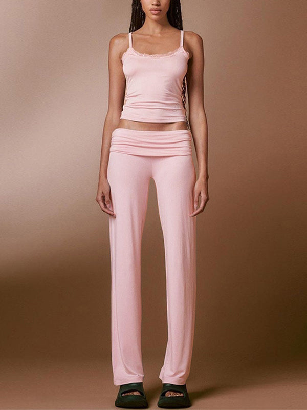 LACE TRIM CAMI AND SKIRT SET WITH ROUND NECKLINE AND PINK LACE TRIM