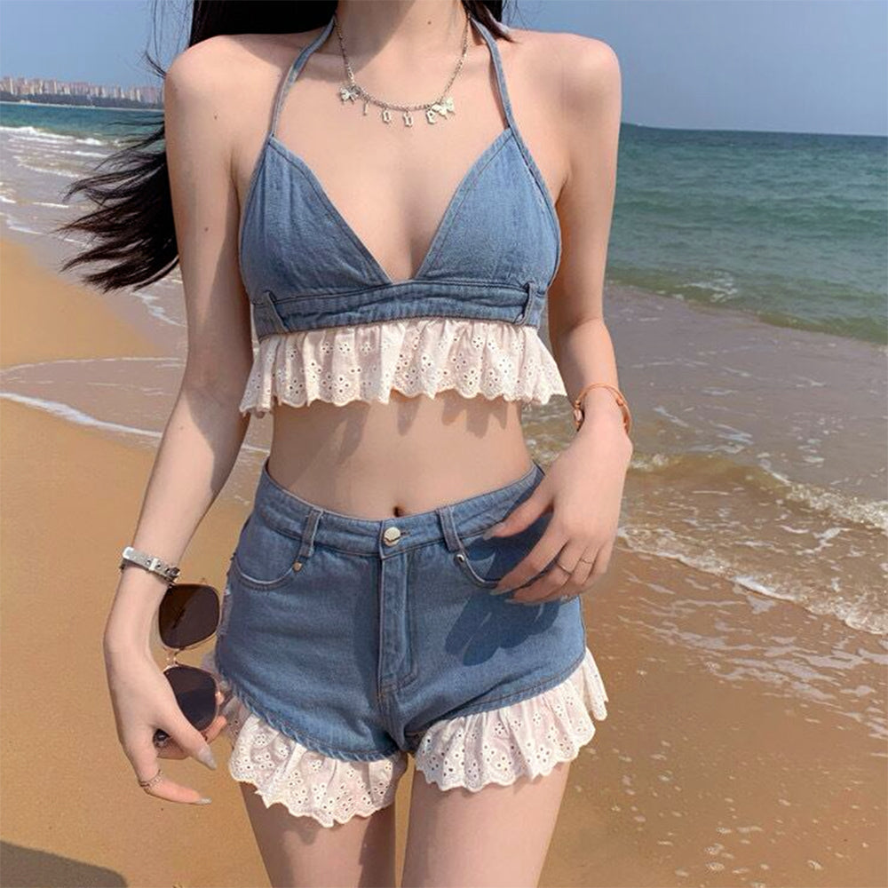 LACE TRIM DENIM TWO-PIECE SET WITH SHORTS