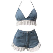 LACE TRIM DENIM TWO-PIECE SET WITH SHORTS