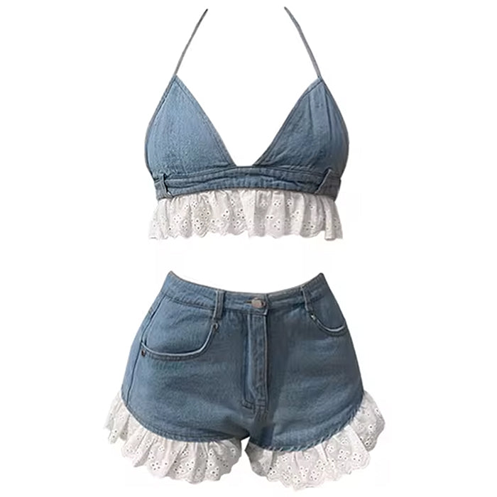 LACE TRIM DENIM TWO-PIECE SET WITH SHORTS