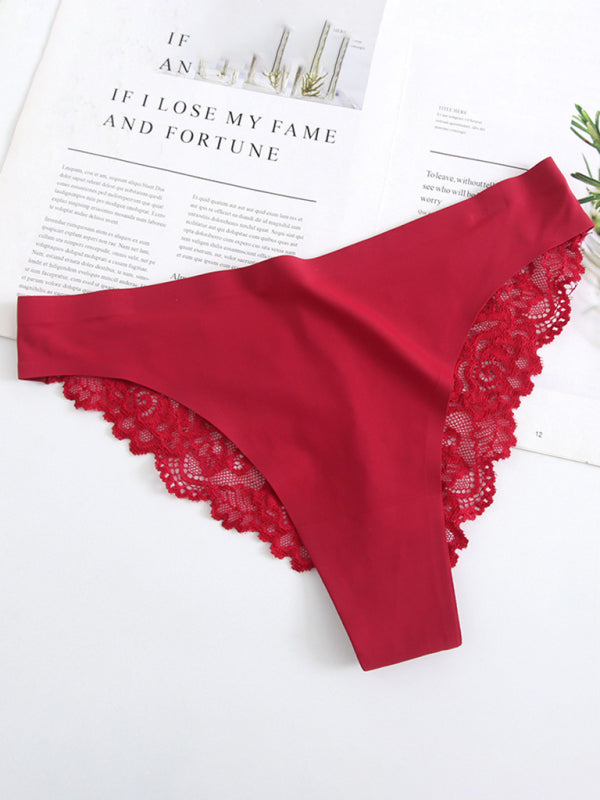 Lace Trim Knit Seamless Panties - Red / L