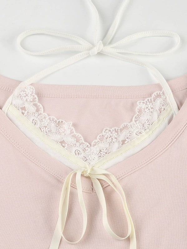 LACE TRIM SHORT SLEEVE PINK TIE-FRONT TOP WITH LACE DETAIL