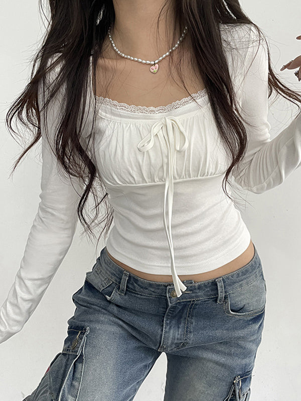 LACE TRIM SLIM FIT LONG-SLEEVED TIE-FRONT TOP