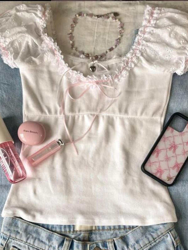 LACE TRIM SLIM FIT WHITE RIBBED TOP WITH SQUARE NECKLINE AND PINK RIBBON
