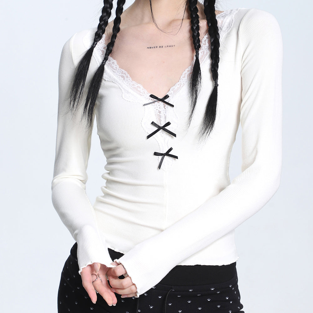 LACE TRIM TOP CROSS-TIE RIBBON COQUETTE AESTHETIC