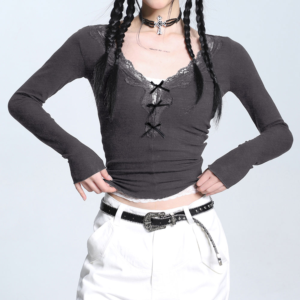 LACE TRIM TOP CROSS-TIE RIBBON COQUETTE AESTHETIC