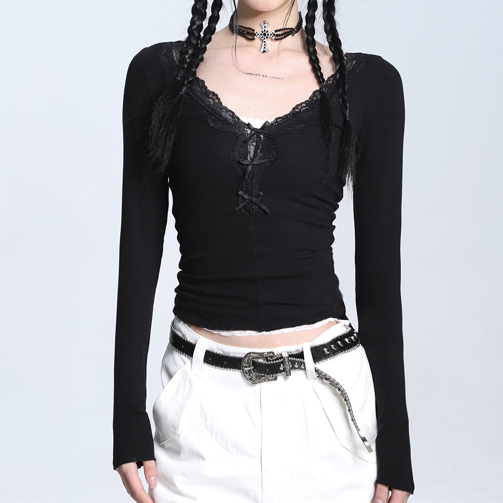 LACE TRIM TOP CROSS-TIE RIBBON COQUETTE AESTHETIC