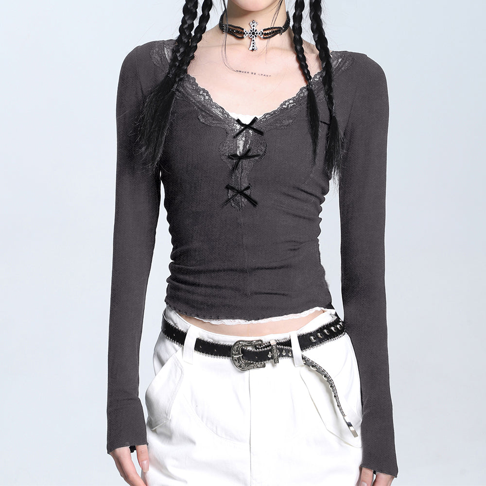LACE TRIM TOP CROSS-TIE RIBBON COQUETTE AESTHETIC