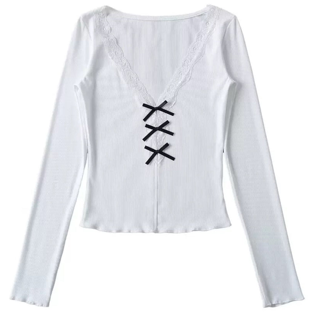 LACE TRIM TOP CROSS-TIE RIBBON COQUETTE AESTHETIC