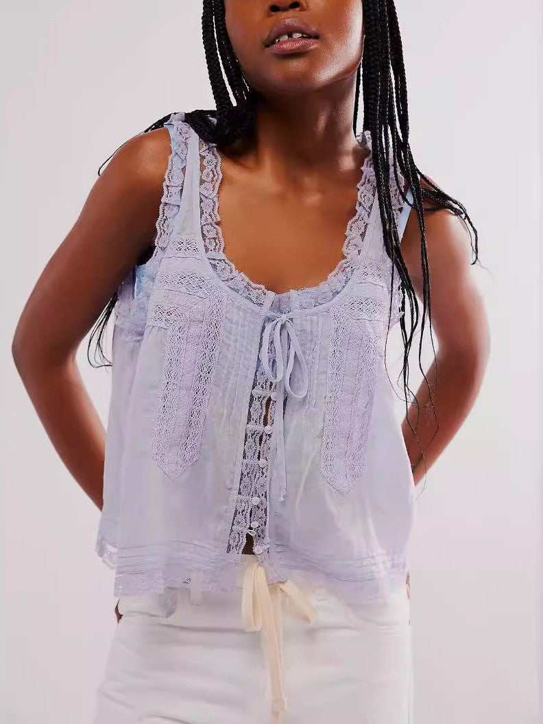 LACE-TRIMMED COTTON SLEEVELESS TANK TOP WITH DELICATE HOLLOW DESIGN