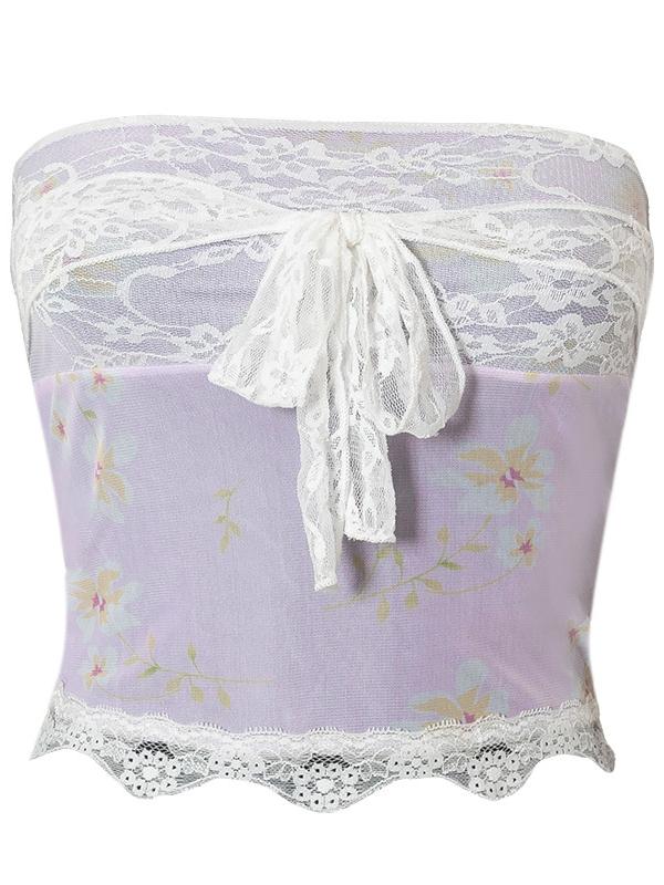 LACE-TRIMMED FLORAL TUBE TOP SLIM FIT STRAPLESS SUMMER APPAREL