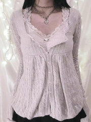 LACE-TRIMMED KNIT CARDIGAN WITH LOOSE FIT AND SQUARE NECKLINE