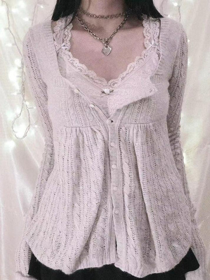 LACE-TRIMMED KNIT CARDIGAN WITH LOOSE FIT AND SQUARE NECKLINE