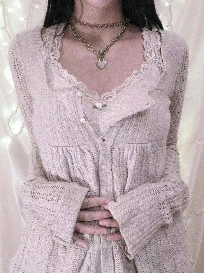 LACE-TRIMMED KNIT CARDIGAN WITH LOOSE FIT AND SQUARE NECKLINE