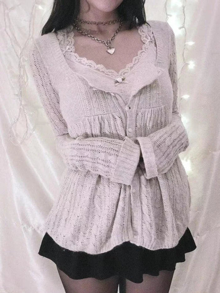 LACE-TRIMMED KNIT CARDIGAN WITH LOOSE FIT AND SQUARE NECKLINE