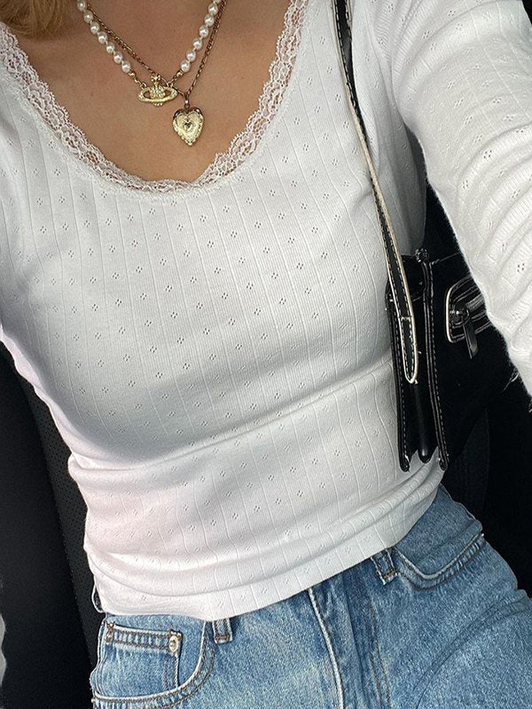 LACE-TRIMMED LONG SLEEVE TOP IN WHITE FOR WOMEN