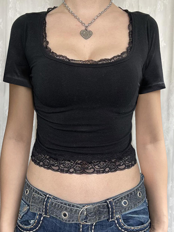 LACE-TRIMMED TOP WITH SQUARE NECKLINE - FASHION-FORWARD CROP DESIGN