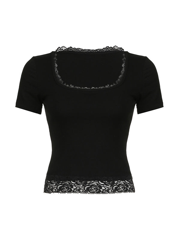 LACE-TRIMMED TOP WITH SQUARE NECKLINE - FASHION-FORWARD CROP DESIGN