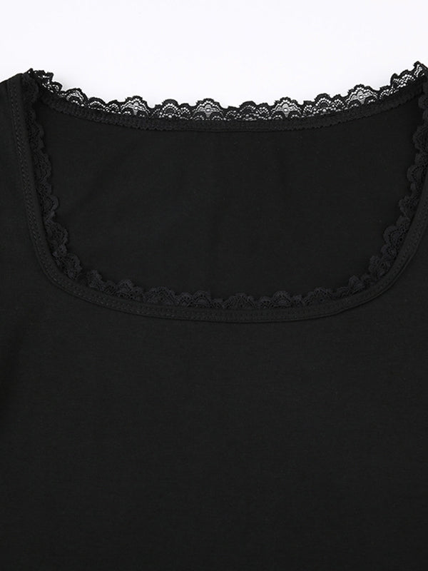 LACE-TRIMMED TOP WITH SQUARE NECKLINE - FASHION-FORWARD CROP DESIGN
